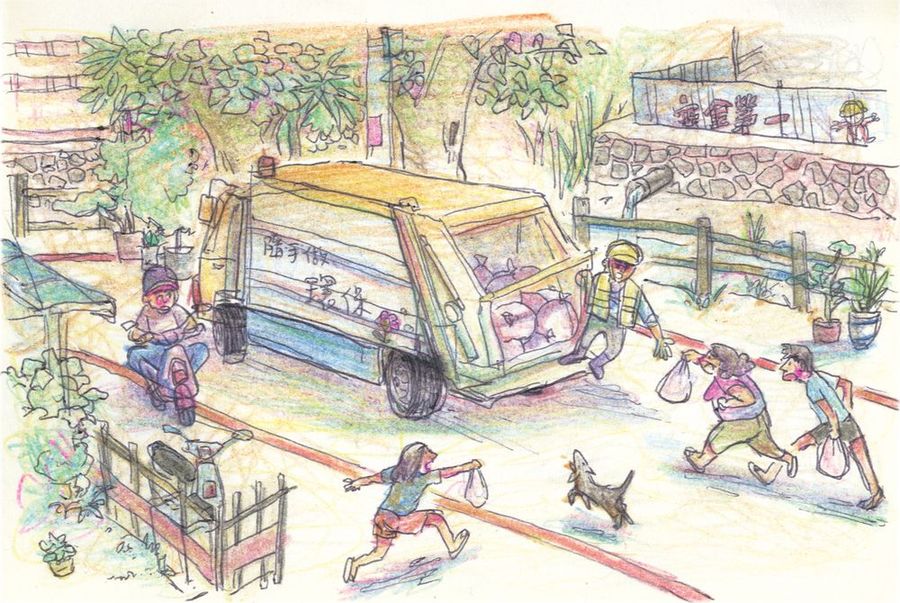 《上山下海城市間》內頁:鄰居們追著垃圾車倒垃圾的街頭速寫